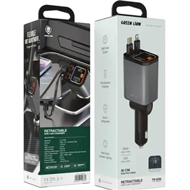 شارژر فندکی 65 وات با کابل جمع شونده گرین لاین Green Lion Retractable Car Charger GNRTCC65WGY