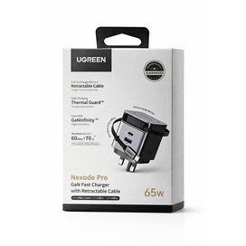 شارژر دیواری 65 وات با کابل جمع‌شونده یوگرین | UGREEN Nexode Pro GaN 65W