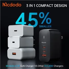 شارژر آداپتور دیواری 3 پورت 65 وات مک دودو مدل MCDODO CH-8442 GAN به همراه کابل 2 متری