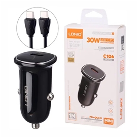 شارژر فندکی 30 وات فست شارژ با کابل همراه الدینیو LDNIO Car Charger C106