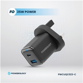 آداپتور شارژ 2 پورت 35 وات با کابل دو سر تایپ سی پاورولوژی Powerology Super Compact Quick Charger PWCUQC023-C