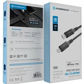 کابل شارژ سریع تایپ سی به لایتنینگ پاورولوژی 30 وات مدل PCAB018GY طول 1.2 متر